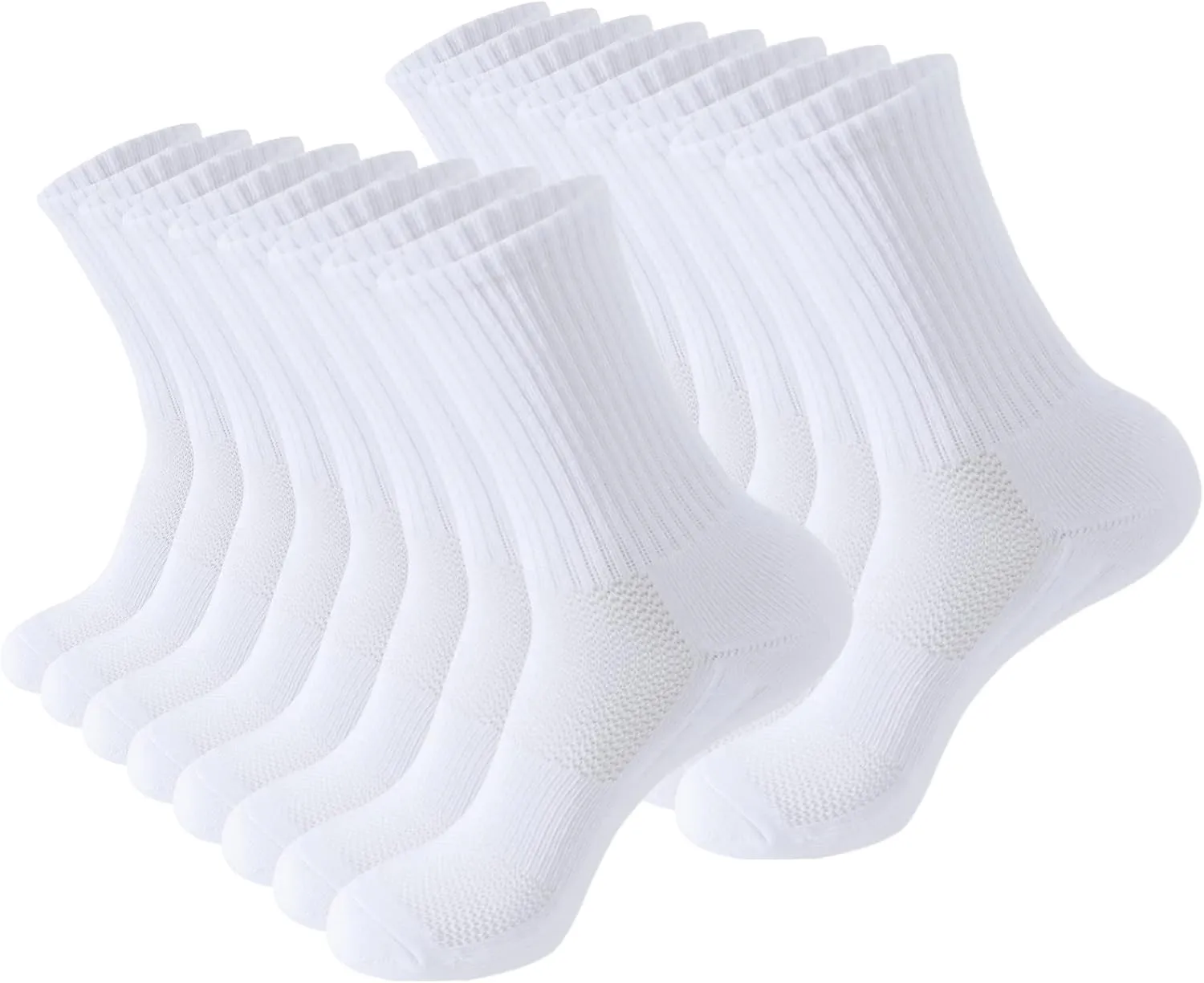 8 Pairs Men's Athletic Cushioned Crew Socks with Arch Compression, White Running Quarter Mid-Calf Socks