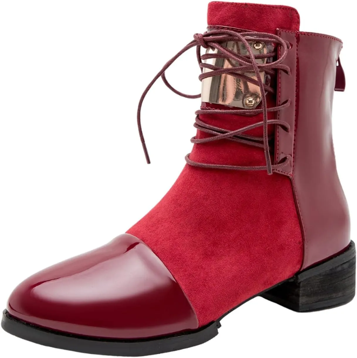AUNTHUI Women's Patent Leather Back Zip Low Heel Ankle Boots,Outdoor Non-slip Comfortable Casual Walking Fashion Chunky Heel Ankle Boots