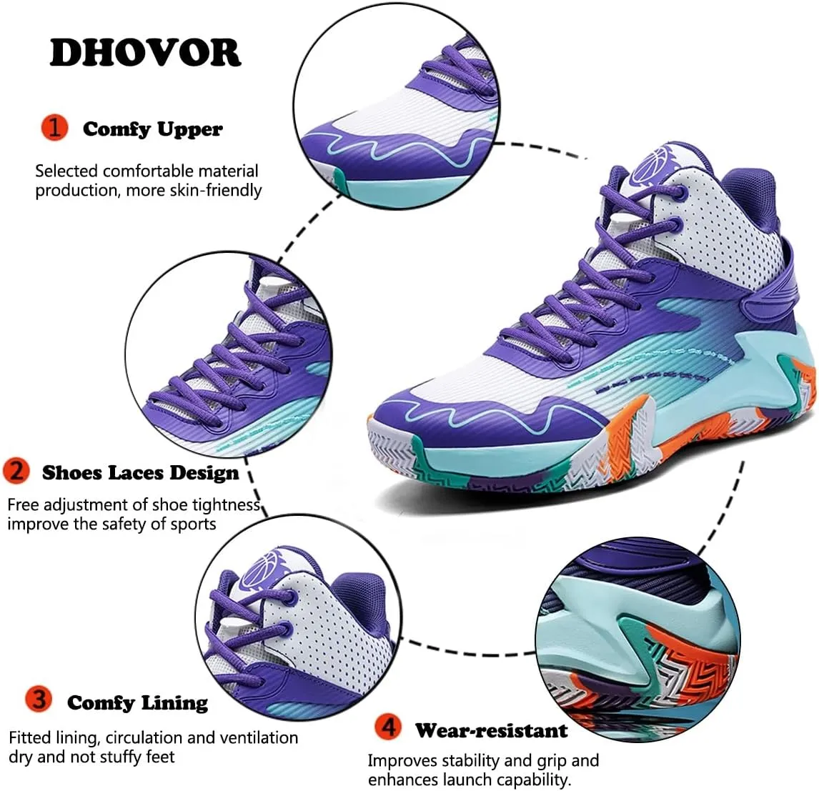 DHOVOR Mens High-top Basketball Shoes, Youth Fashion Basketball Sneakers, Non Slip Basketball Trainers Sports Shoes for Men Walking Shoes Indoor and Outdoor