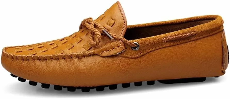 Driving Moccasins Loafer Shoes for Men Woven Genuine Leather Deck Shoes Stitching Details Rubber Sole Flat Heel Anti-Slip Flexible Casual Slip on for Any Attire