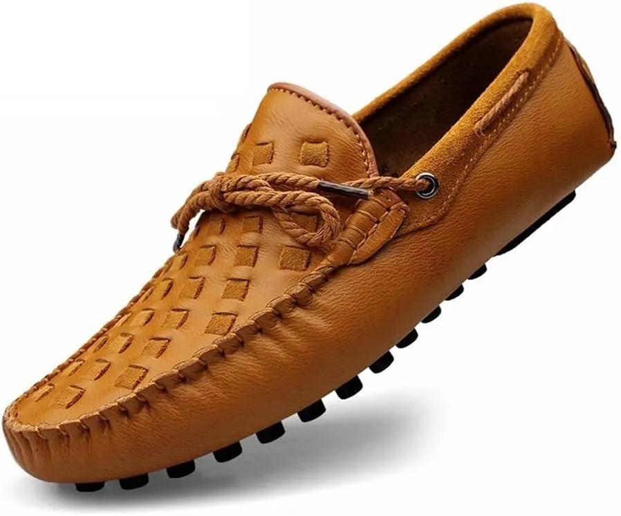 Driving Moccasins Loafer Shoes for Men Woven Genuine Leather Deck Shoes Stitching Details Rubber Sole Flat Heel Anti-Slip Flexible Casual Slip on for Any Attire