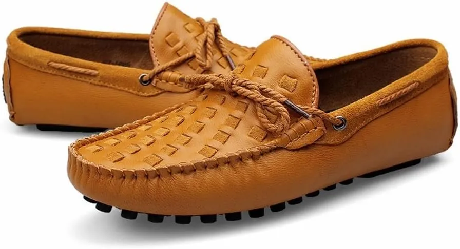 Driving Moccasins Loafer Shoes for Men Woven Genuine Leather Deck Shoes Stitching Details Rubber Sole Flat Heel Anti-Slip Flexible Casual Slip on for Any Attire