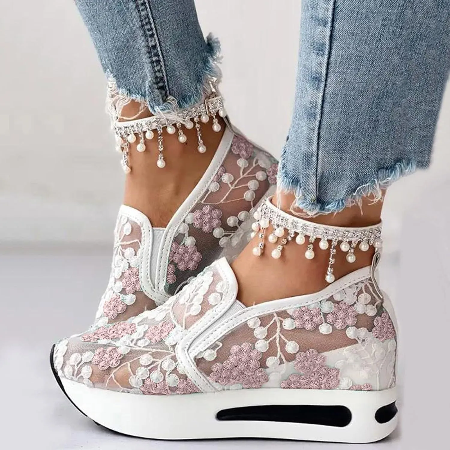 Fashion Sneakers for Women Platform Wedge Sneakers Floral Embroidery Breathable Sheer Mesh Lace Sneaker Mesh Air Comfort Chunky Sole Hidden High Heels Slip On Loafers Dressy Casual Walking Shoes