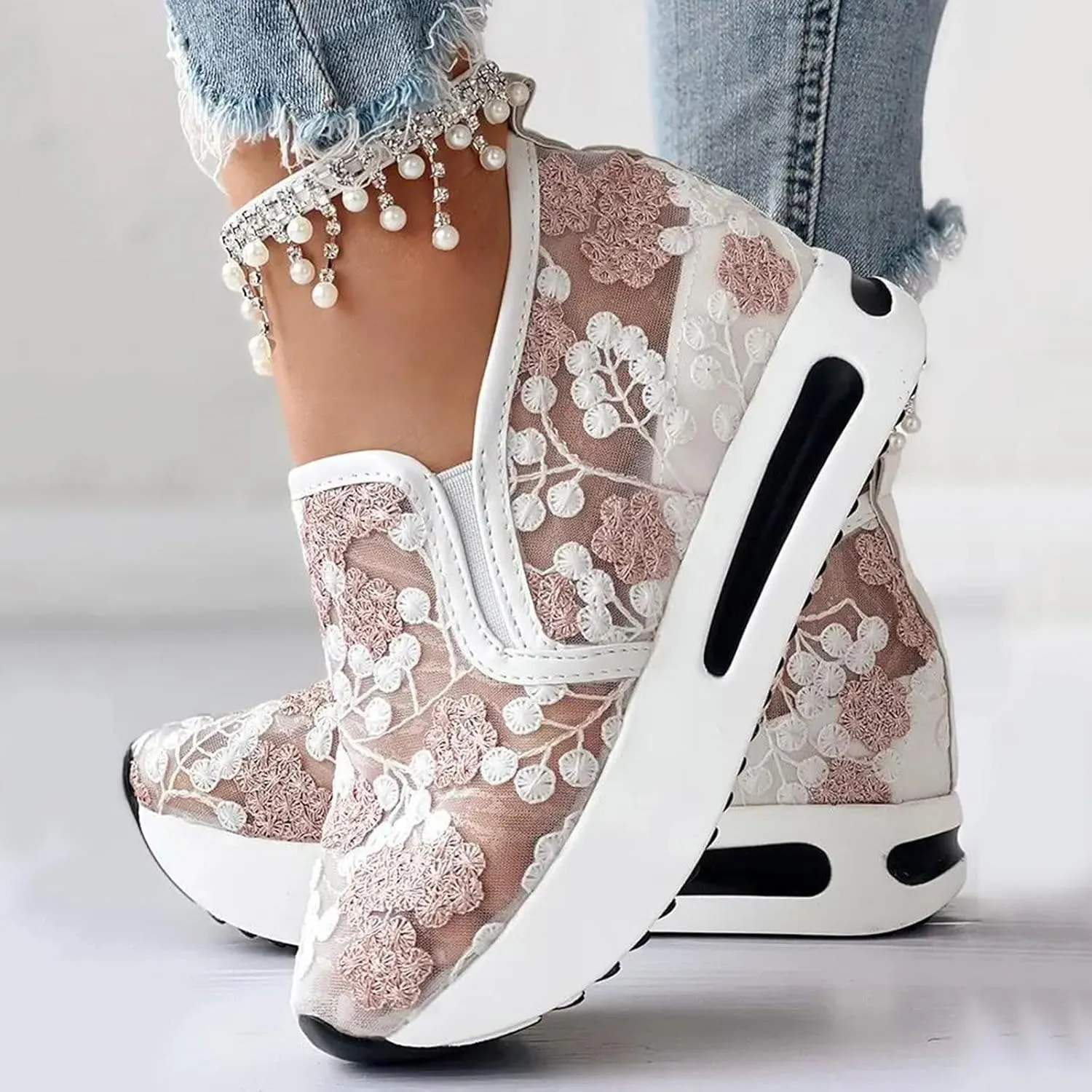 Fashion Sneakers for Women Platform Wedge Sneakers Floral Embroidery Breathable Sheer Mesh Lace Sneaker Mesh Air Comfort Chunky Sole Hidden High Heels Slip On Loafers Dressy Casual Walking Shoes