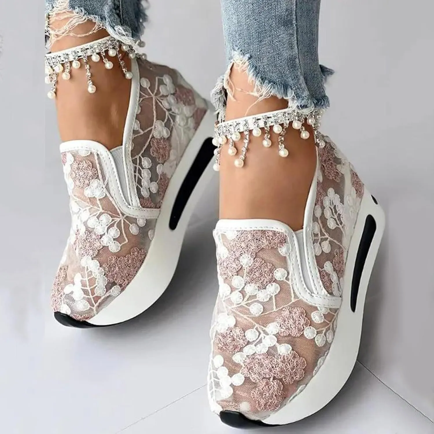 Fashion Sneakers for Women Platform Wedge Sneakers Floral Embroidery Breathable Sheer Mesh Lace Sneaker Mesh Air Comfort Chunky Sole Hidden High Heels Slip On Loafers Dressy Casual Walking Shoes