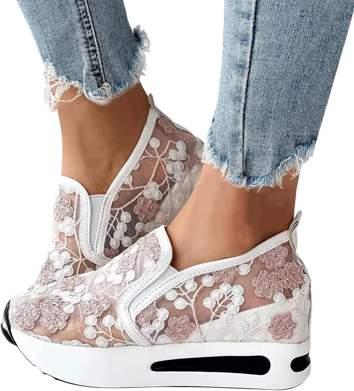 Fashion Sneakers for Women Platform Wedge Sneakers Floral Embroidery Breathable Sheer Mesh Lace Sneaker Mesh Air Comfort Chunky Sole Hidden High Heels Slip On Loafers Dressy Casual Walking Shoes