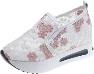 Fashion Sneakers for Women Platform Wedge Sneakers Floral Embroidery Breathable Sheer Mesh Lace Sneaker Mesh Air Comfort Chunky Sole Hidden High Heels Slip On Loafers Dressy Casual Walking Shoes