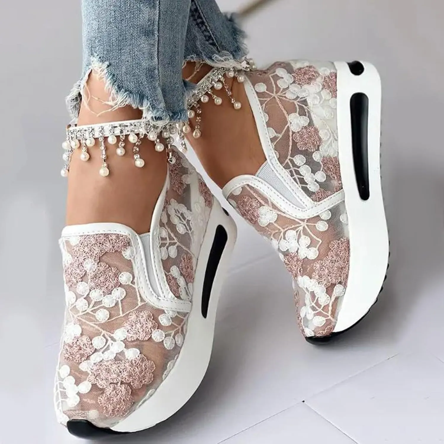 Fashion Sneakers for Women Platform Wedge Sneakers Floral Embroidery Breathable Sheer Mesh Lace Sneaker Mesh Air Comfort Chunky Sole Hidden High Heels Slip On Loafers Dressy Casual Walking Shoes