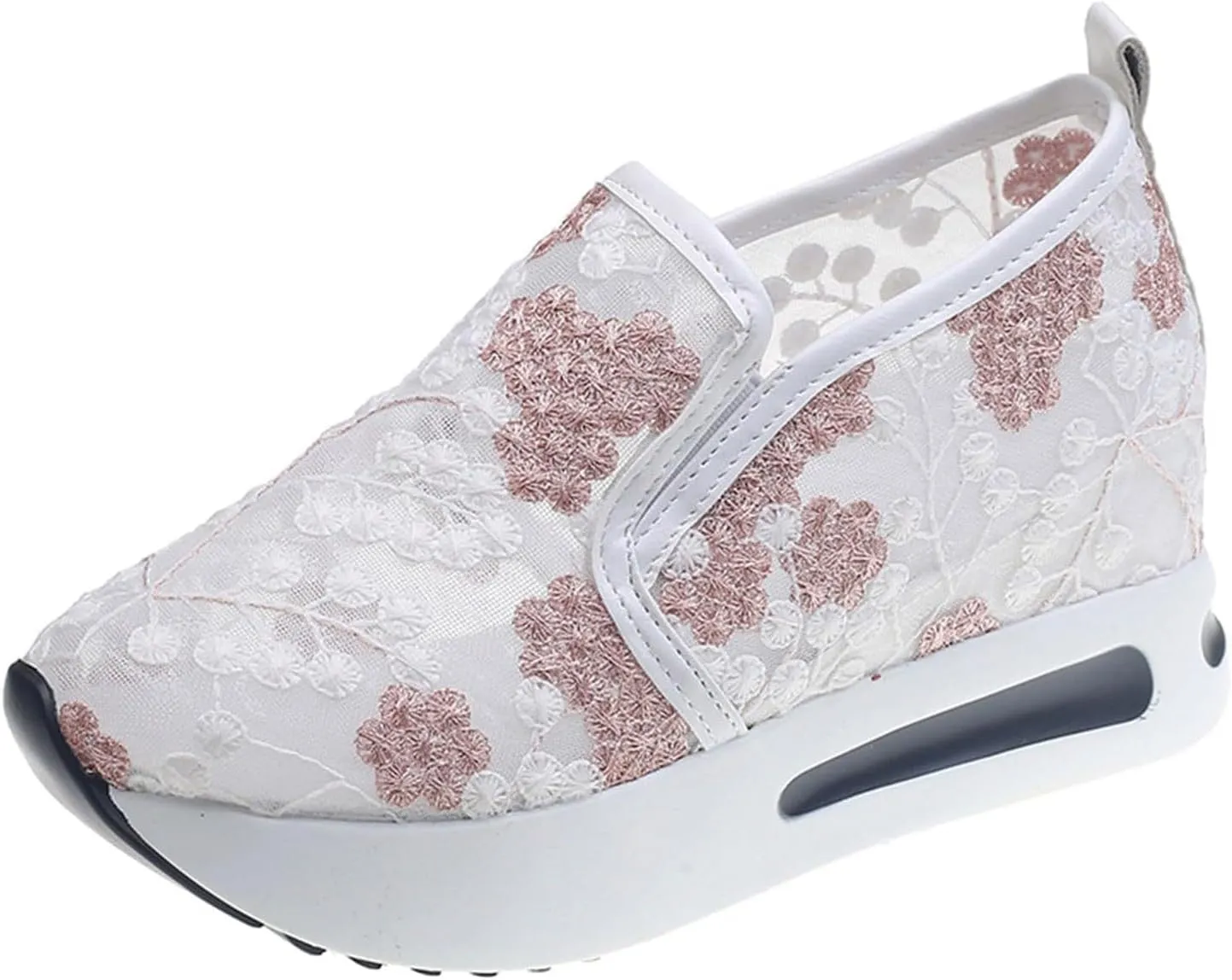 Fashion Sneakers for Women Platform Wedge Sneakers Floral Embroidery Breathable Sheer Mesh Lace Sneaker Mesh Air Comfort Chunky Sole Hidden High Heels Slip On Loafers Dressy Casual Walking Shoes