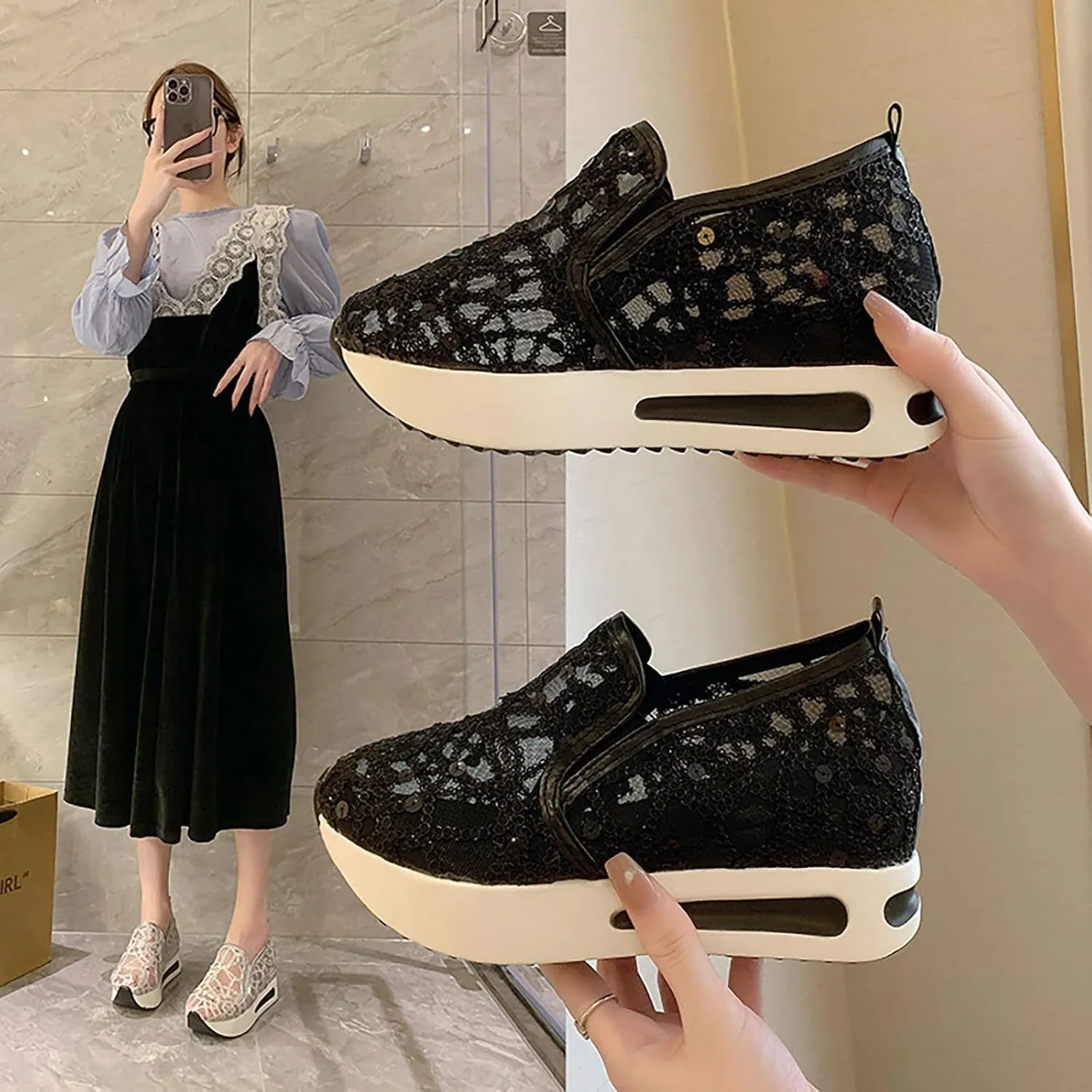 Hbeylia Platform Wedge Sneakers for Women Fashion Embroidery Floral Mesh Air Comfort Chunky Sole Hidden High Heels Slip On Loafers Breathable Walking Work Shoes with Arch Support