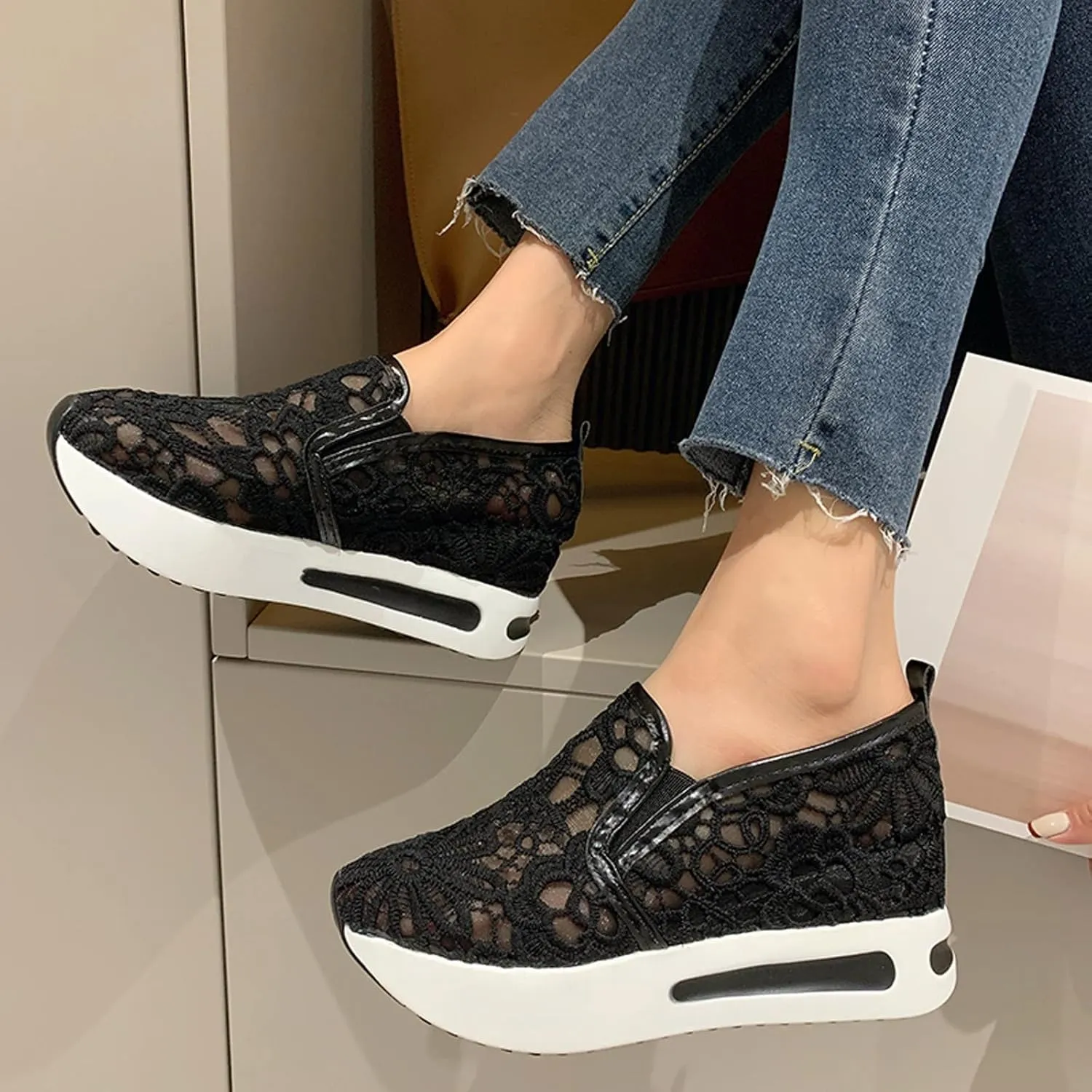 Hbeylia Platform Wedge Sneakers for Women Fashion Embroidery Floral Mesh Air Comfort Chunky Sole Hidden High Heels Slip On Loafers Breathable Walking Work Shoes with Arch Support