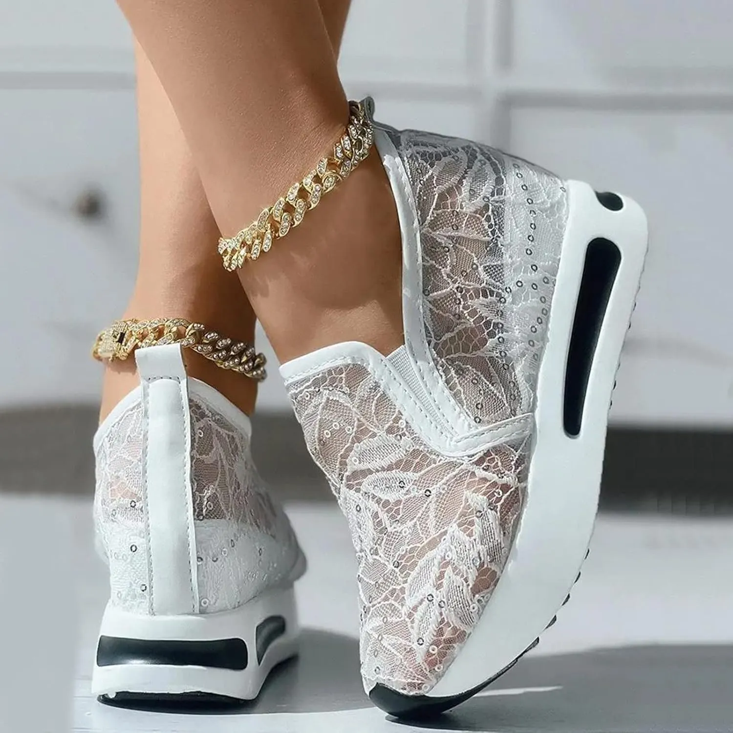 Hbeylia Platform Wedge Sneakers for Women Fashion Embroidery Floral Mesh Air Comfort Chunky Sole Hidden High Heels Slip On Loafers Breathable Walking Work Shoes with Arch Support