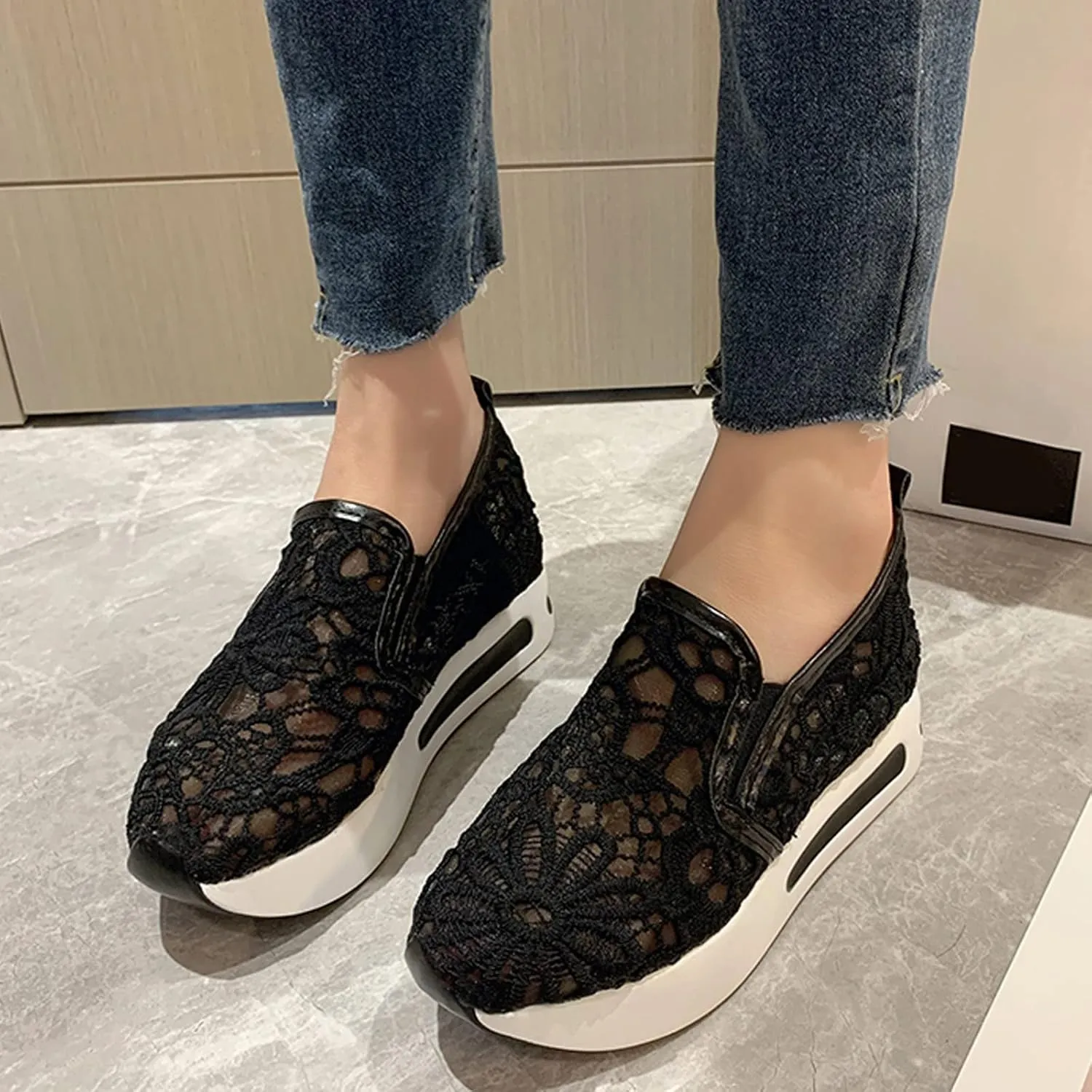 Hbeylia Platform Wedge Sneakers for Women Fashion Embroidery Floral Mesh Air Comfort Chunky Sole Hidden High Heels Slip On Loafers Breathable Walking Work Shoes with Arch Support
