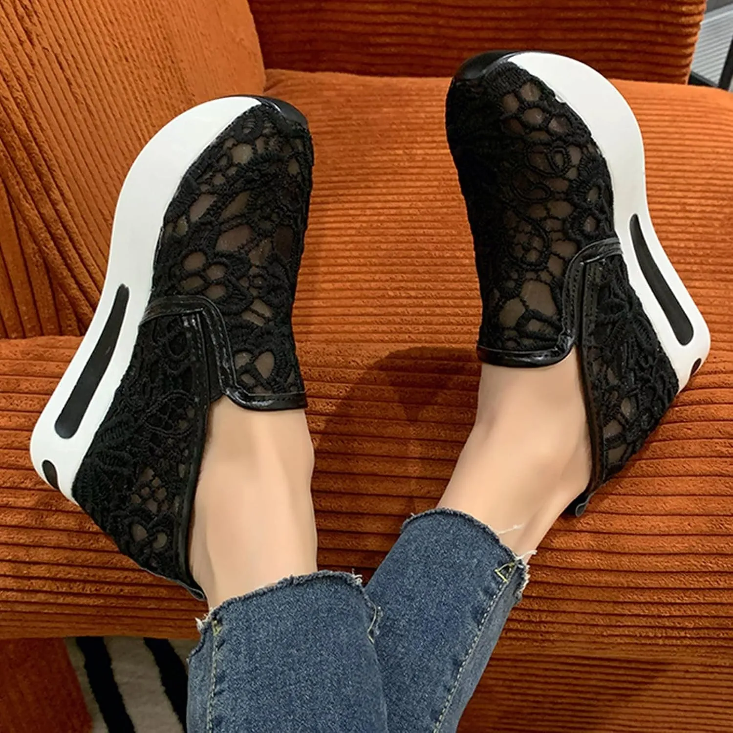Hbeylia Platform Wedge Sneakers for Women Fashion Embroidery Floral Mesh Air Comfort Chunky Sole Hidden High Heels Slip On Loafers Breathable Walking Work Shoes with Arch Support