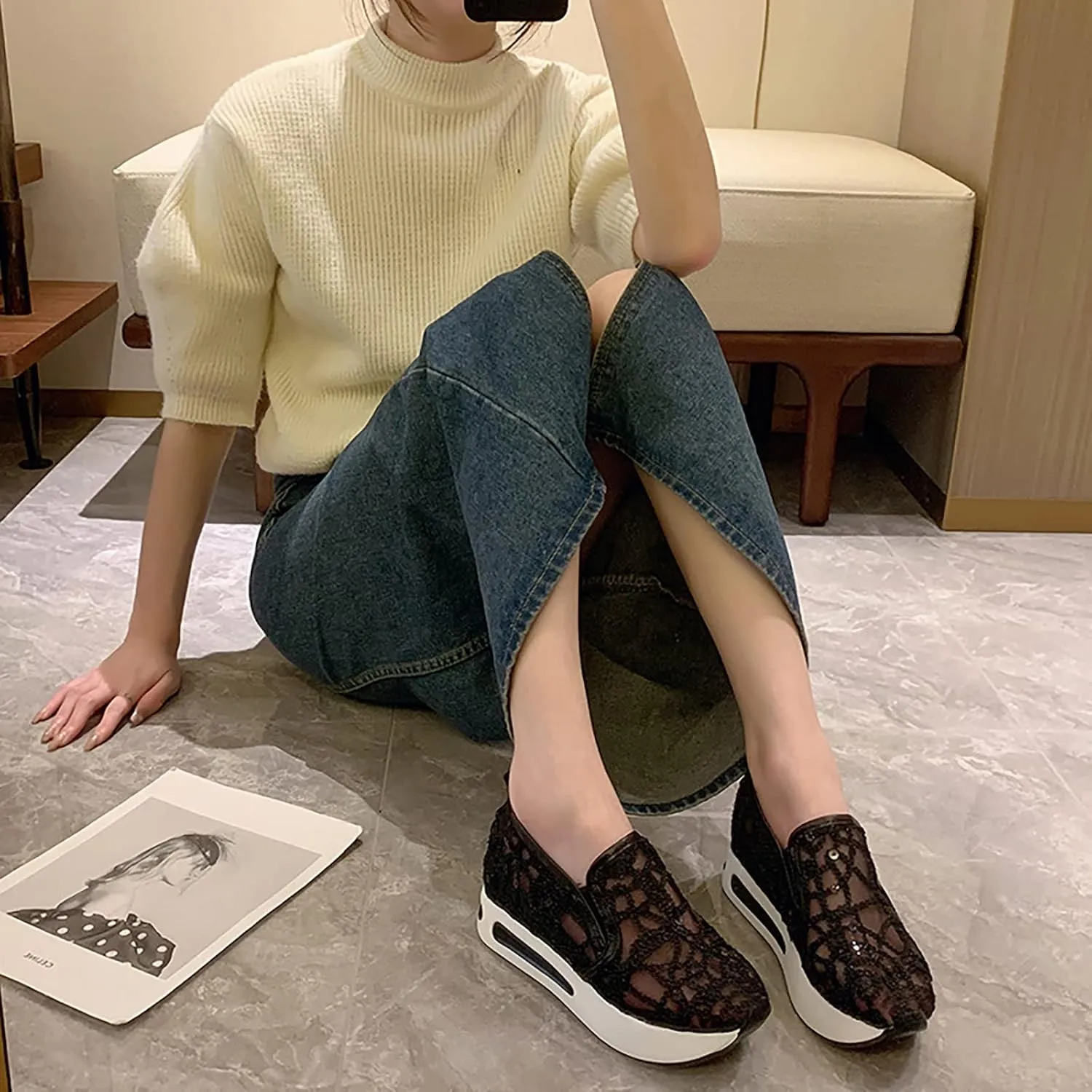 Hbeylia Platform Wedge Sneakers for Women Fashion Embroidery Floral Mesh Air Comfort Chunky Sole Hidden High Heels Slip On Loafers Breathable Walking Work Shoes with Arch Support