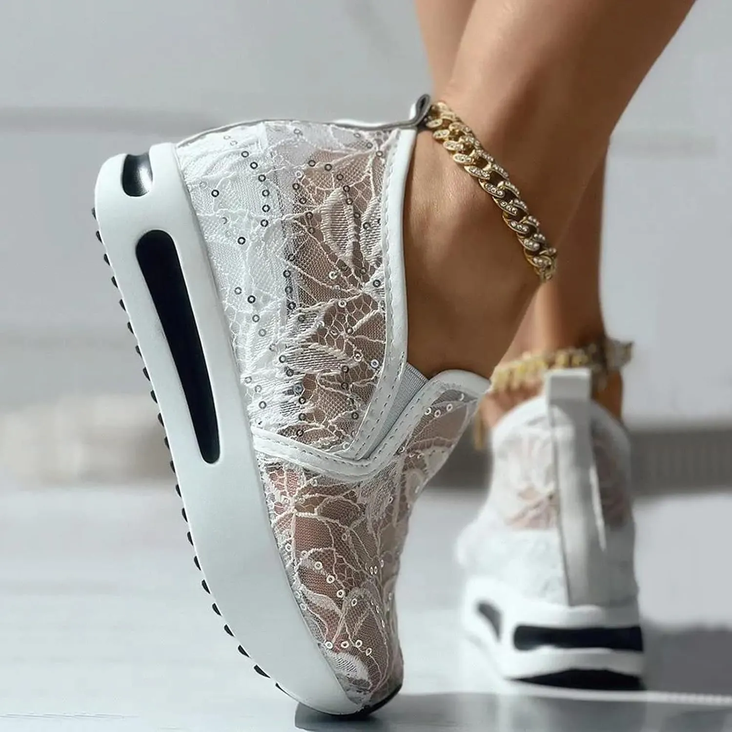 Hbeylia Platform Wedge Sneakers for Women Fashion Embroidery Floral Mesh Air Comfort Chunky Sole Hidden High Heels Slip On Loafers Breathable Walking Work Shoes with Arch Support