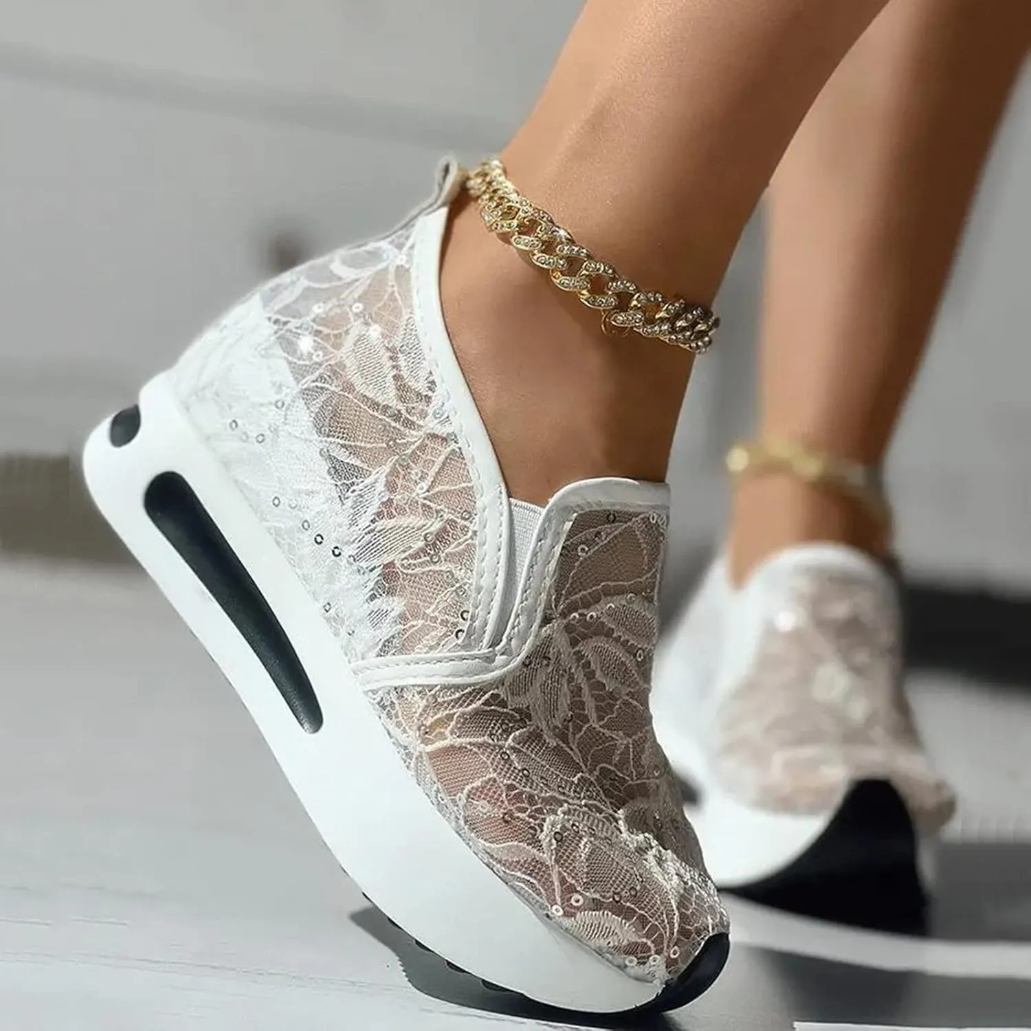 Hbeylia Platform Wedge Sneakers for Women Fashion Embroidery Floral Mesh Air Comfort Chunky Sole Hidden High Heels Slip On Loafers Breathable Walking Work Shoes with Arch Support
