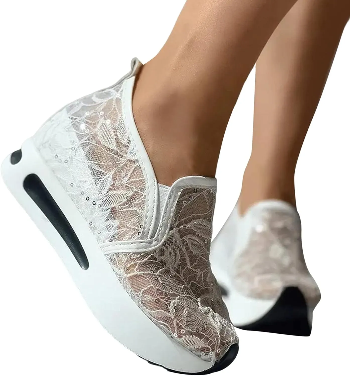 Hbeylia Platform Wedge Sneakers for Women Fashion Embroidery Floral Mesh Air Comfort Chunky Sole Hidden High Heels Slip On Loafers Breathable Walking Work Shoes with Arch Support