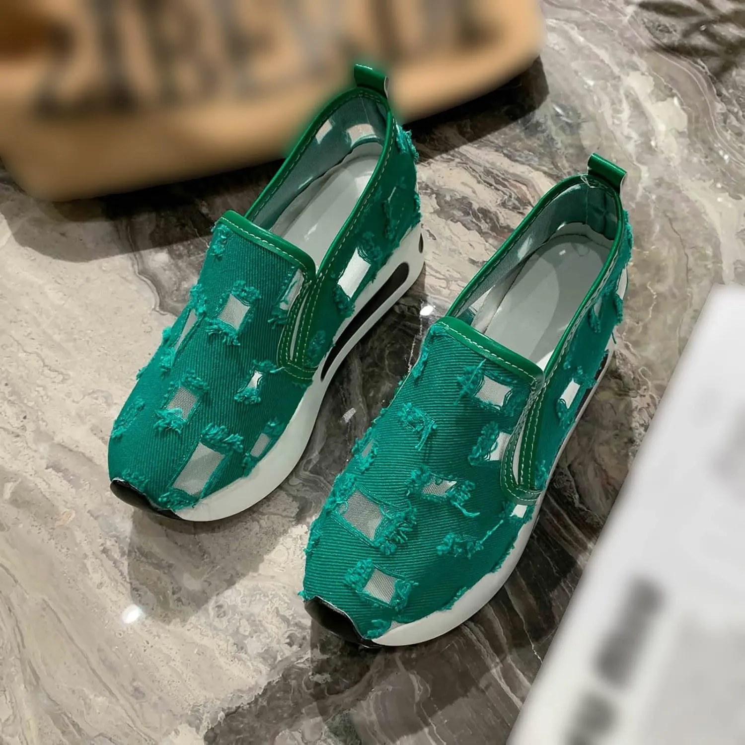 Hbeylia Platform Wedge Sneakers for Women Fashion Embroidery Floral Mesh Air Comfort Chunky Sole Hidden High Heels Slip On Loafers Breathable Walking Work Shoes with Arch Support