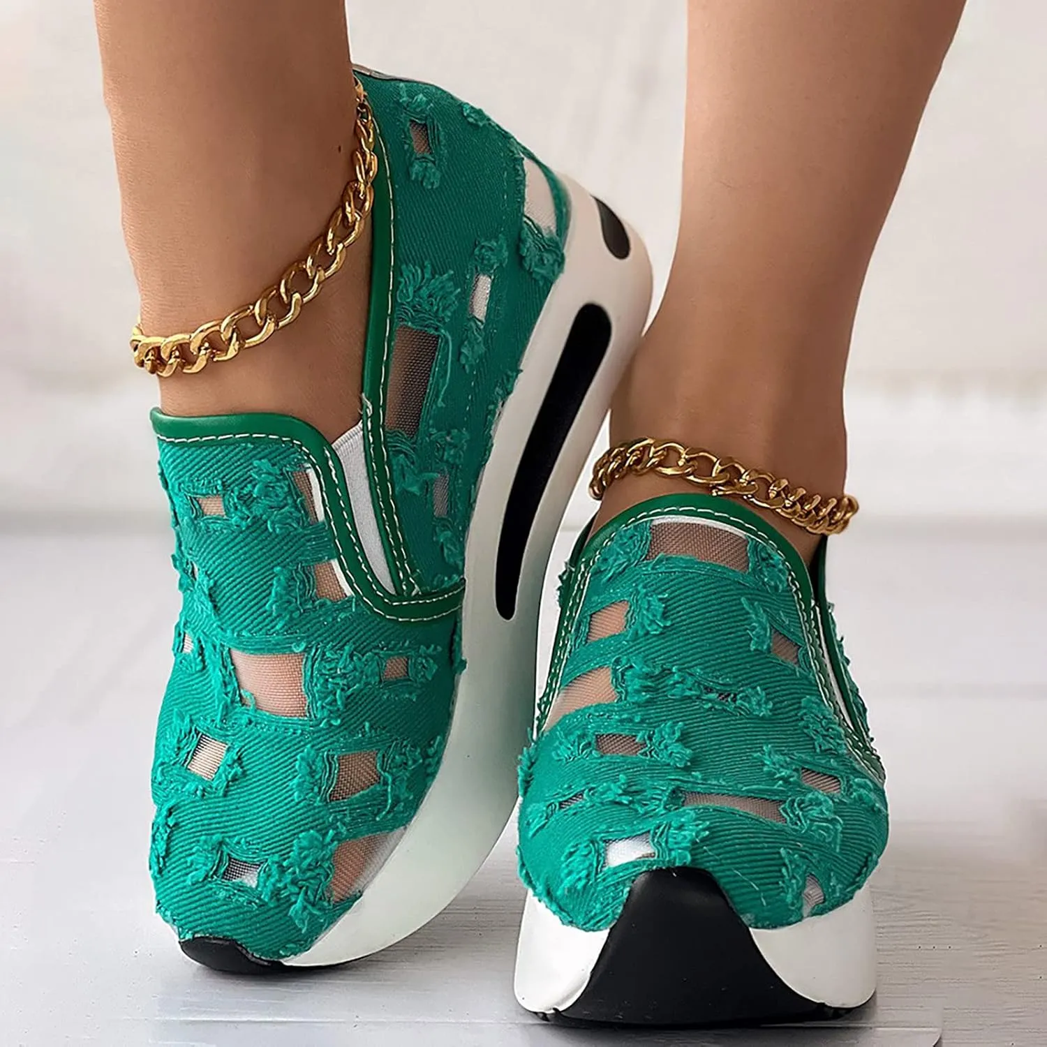 Hbeylia Platform Wedge Sneakers for Women Fashion Embroidery Floral Mesh Air Comfort Chunky Sole Hidden High Heels Slip On Loafers Breathable Walking Work Shoes with Arch Support