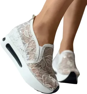 Hbeylia Platform Wedge Sneakers for Women Fashion Embroidery Floral Mesh Air Comfort Chunky Sole Hidden High Heels Slip On Loafers Breathable Walking Work Shoes with Arch Support
