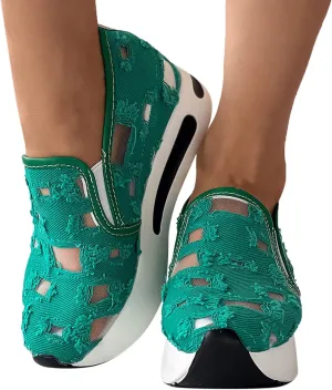 Hbeylia Platform Wedge Sneakers for Women Fashion Embroidery Floral Mesh Air Comfort Chunky Sole Hidden High Heels Slip On Loafers Breathable Walking Work Shoes with Arch Support