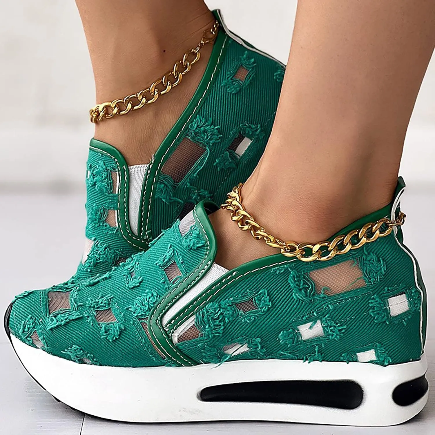 Hbeylia Platform Wedge Sneakers for Women Fashion Embroidery Floral Mesh Air Comfort Chunky Sole Hidden High Heels Slip On Loafers Breathable Walking Work Shoes with Arch Support