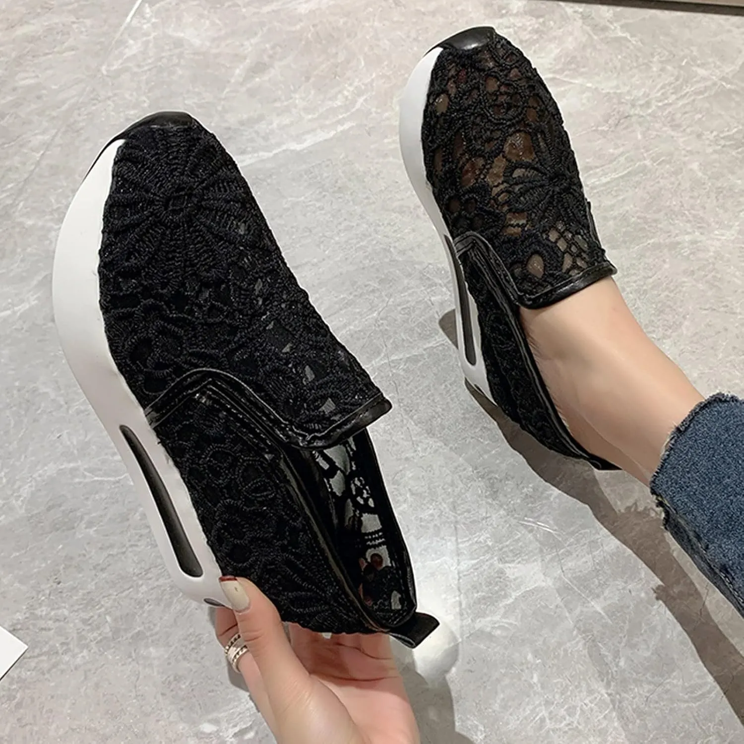 Hbeylia Platform Wedge Sneakers for Women Fashion Embroidery Floral Mesh Air Comfort Chunky Sole Hidden High Heels Slip On Loafers Breathable Walking Work Shoes with Arch Support