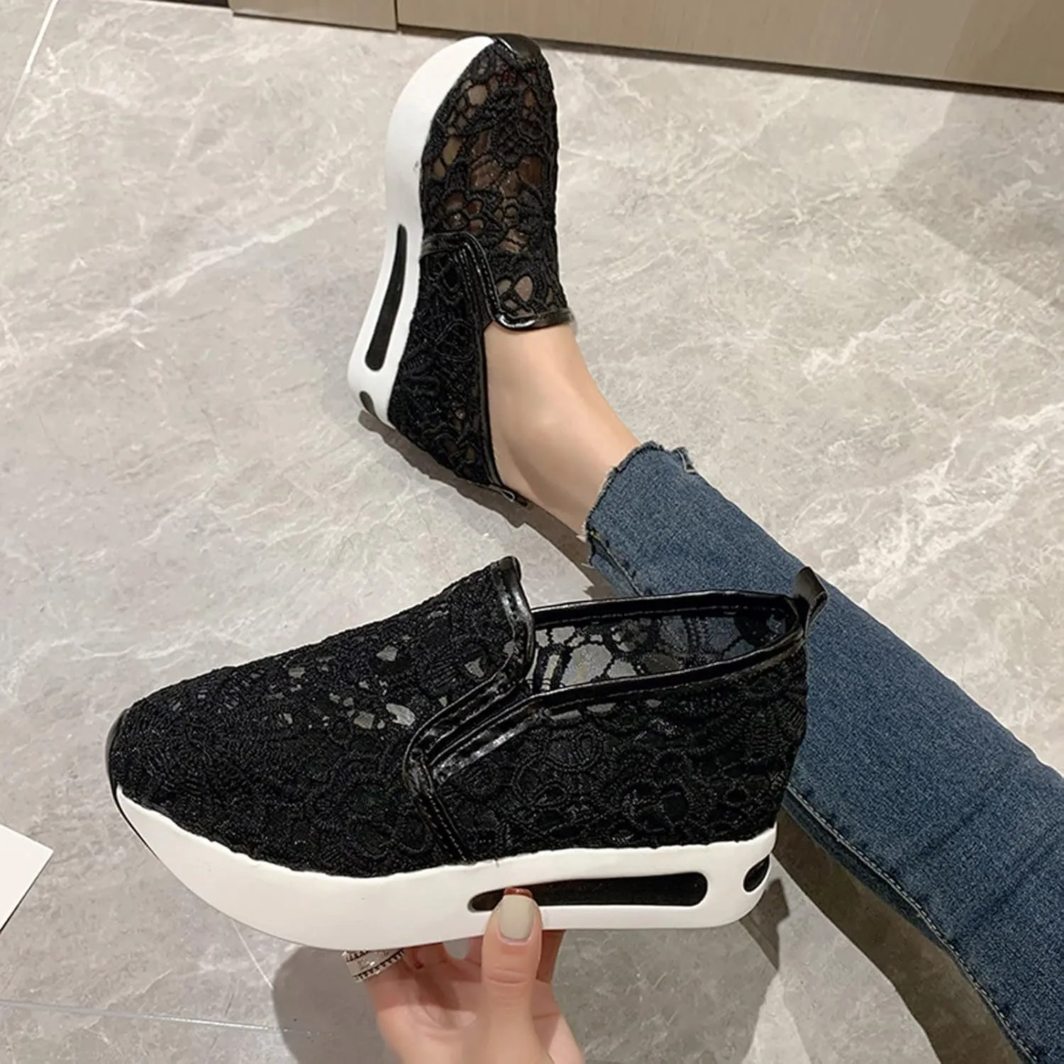 Hbeylia Platform Wedge Sneakers for Women Fashion Embroidery Floral Mesh Air Comfort Chunky Sole Hidden High Heels Slip On Loafers Breathable Walking Work Shoes with Arch Support