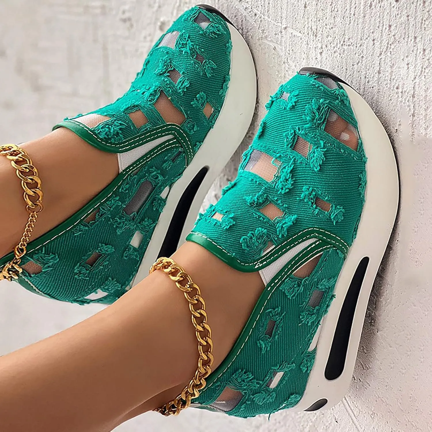 Hbeylia Platform Wedge Sneakers for Women Fashion Embroidery Floral Mesh Air Comfort Chunky Sole Hidden High Heels Slip On Loafers Breathable Walking Work Shoes with Arch Support