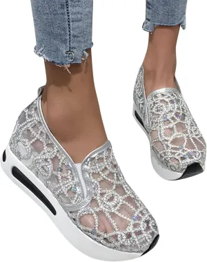 Hbeylia Platform Wedge Sneakers for Women Fashion Sequins Lace Mesh Air Chunky Sole Hidden High Heels Slip On Loafers Walking Work Shoes Arch Support Low Top Play Sneakers Loafers