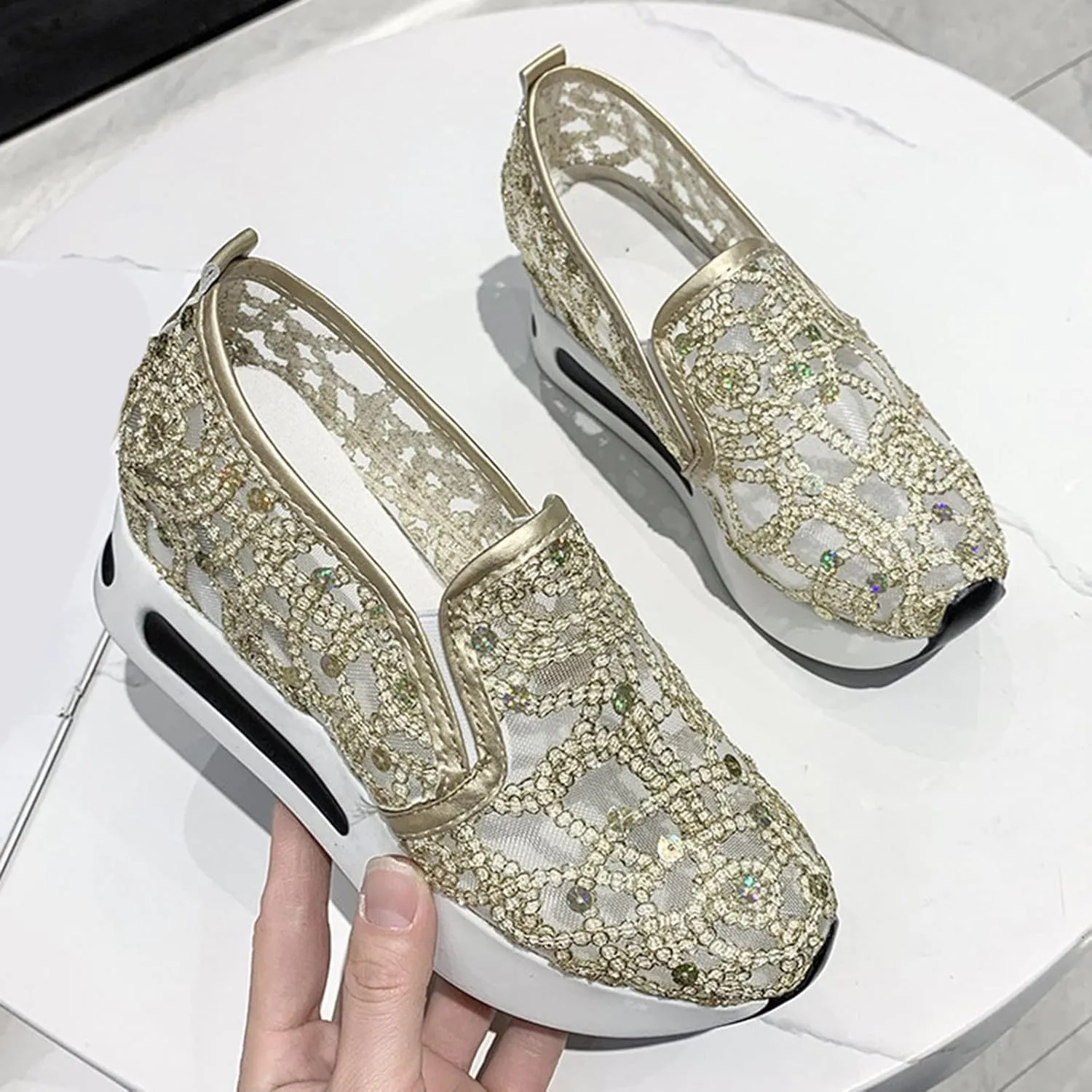 Hbeylia Platform Wedge Sneakers for Women Fashion Sequins Lace Mesh Air Chunky Sole Hidden High Heels Slip On Loafers Walking Work Shoes Arch Support Low Top Play Sneakers Loafers