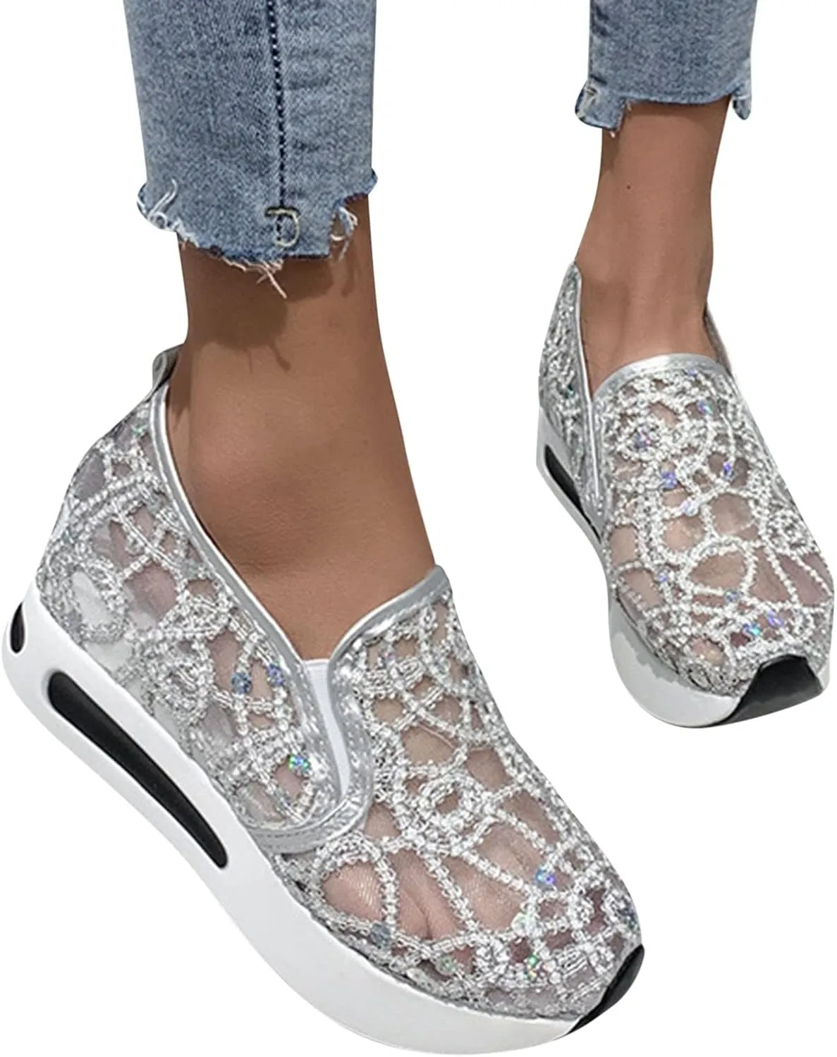 Hbeylia Platform Wedge Sneakers for Women Fashion Sequins Lace Mesh Air Chunky Sole Hidden High Heels Slip On Loafers Walking Work Shoes Arch Support Low Top Play Sneakers Loafers