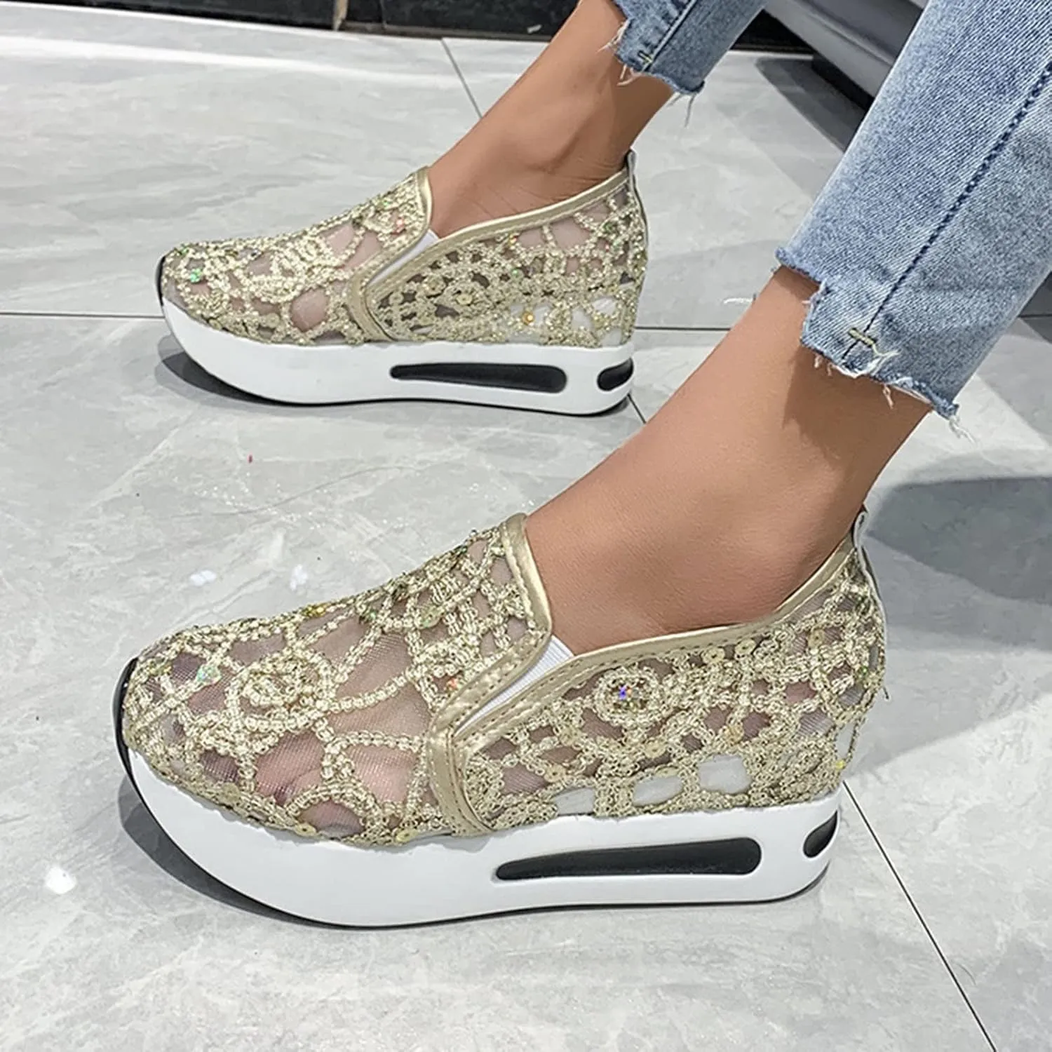 Hbeylia Platform Wedge Sneakers for Women Fashion Sequins Lace Mesh Air Chunky Sole Hidden High Heels Slip On Loafers Walking Work Shoes Arch Support Low Top Play Sneakers Loafers