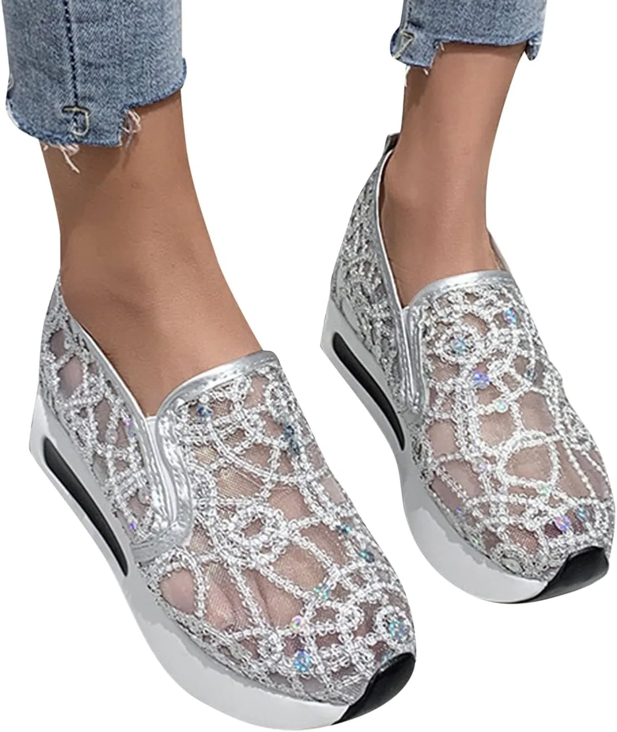 Hbeylia Platform Wedge Sneakers for Women Fashion Sequins Lace Mesh Air Chunky Sole Hidden High Heels Slip On Loafers Walking Work Shoes Arch Support Low Top Play Sneakers Loafers