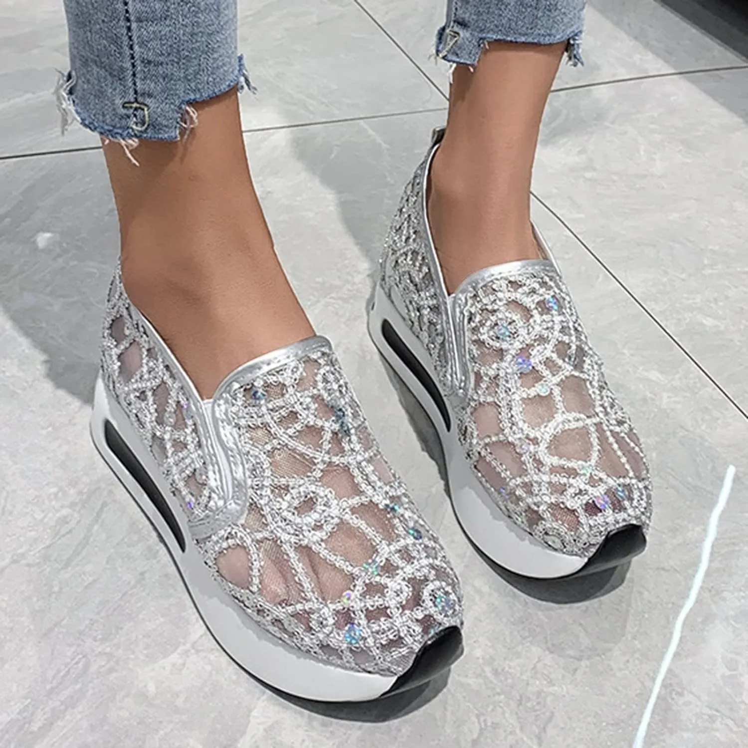 Hbeylia Platform Wedge Sneakers for Women Fashion Sequins Lace Mesh Air Chunky Sole Hidden High Heels Slip On Loafers Walking Work Shoes Arch Support Low Top Play Sneakers Loafers