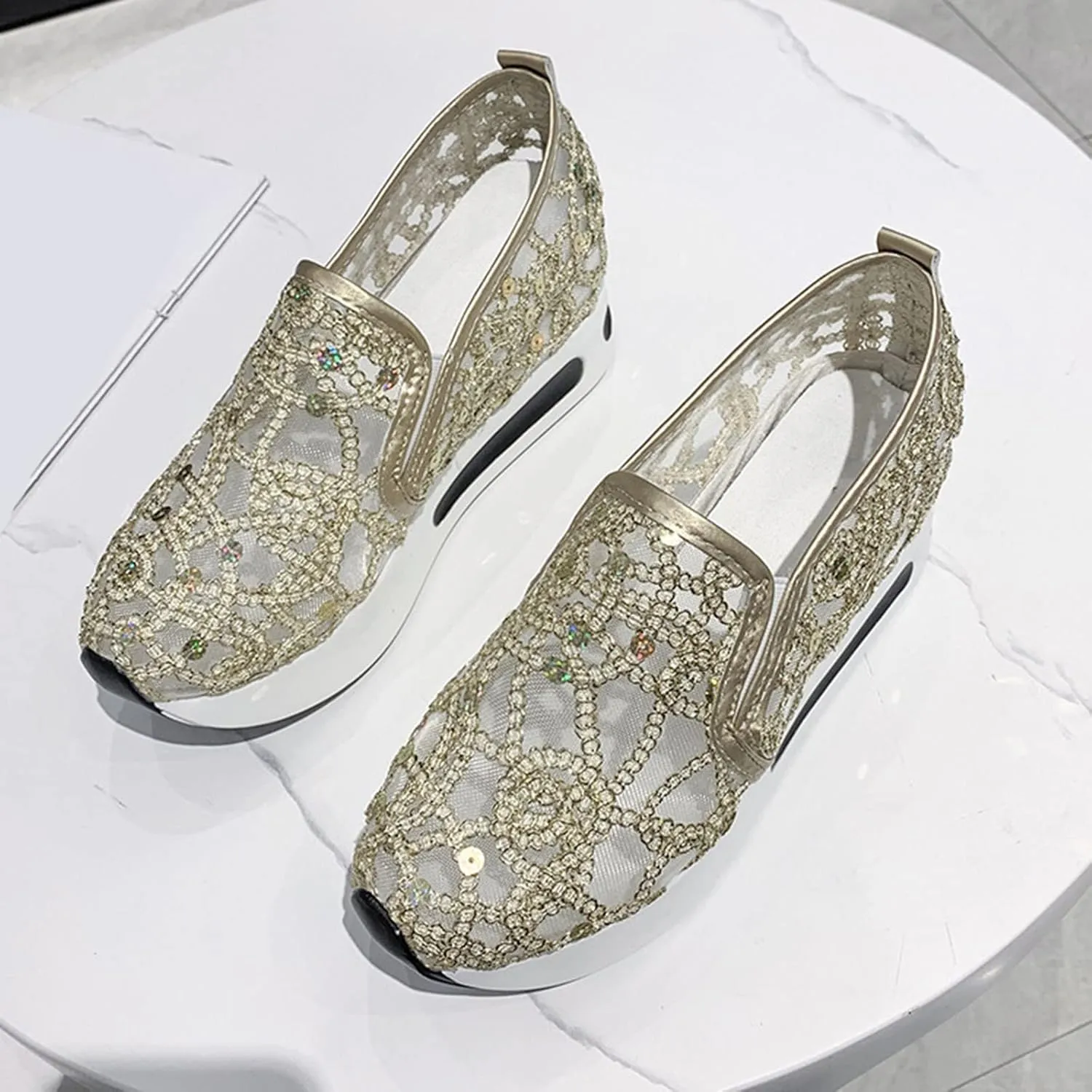 Hbeylia Platform Wedge Sneakers for Women Fashion Sequins Lace Mesh Air Chunky Sole Hidden High Heels Slip On Loafers Walking Work Shoes Arch Support Low Top Play Sneakers Loafers
