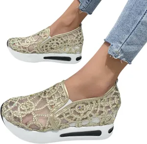 Hbeylia Platform Wedge Sneakers for Women Fashion Sequins Lace Mesh Air Chunky Sole Hidden High Heels Slip On Loafers Walking Work Shoes Arch Support Low Top Play Sneakers Loafers
