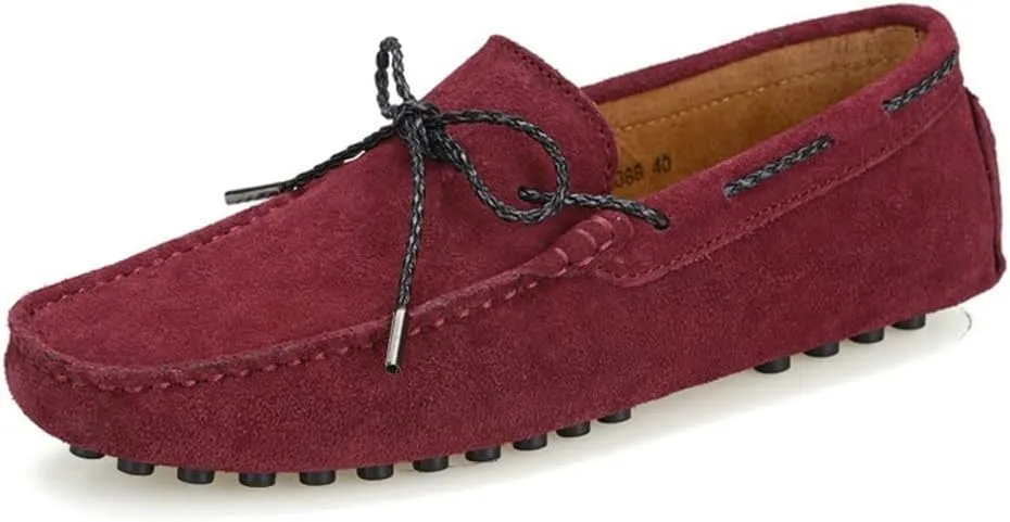 HOOENG Loafer Shoes Driving Moccasins for Men Genuine Leather Round Toe Stitching Details Deck Shoes Rubber Sole Suede Vamp Flexible Anti-Slip Flat Heel