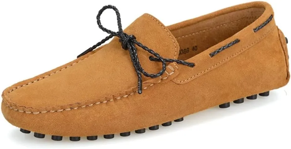HOOENG Loafer Shoes Driving Moccasins for Men Genuine Leather Round Toe Stitching Details Deck Shoes Rubber Sole Suede Vamp Flexible Anti-Slip Flat Heel
