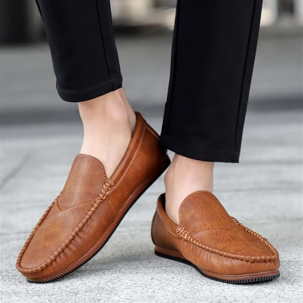 HOOENG Loafer Shoes for Men Vegan Leather Stitching Details Round Toe Rubber Sole Resistant Flexible Anti-Slip Lightweight Driving Slip On