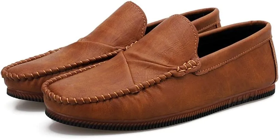 HOOENG Loafer Shoes for Men Vegan Leather Stitching Details Round Toe Rubber Sole Resistant Flexible Anti-Slip Lightweight Driving Slip On