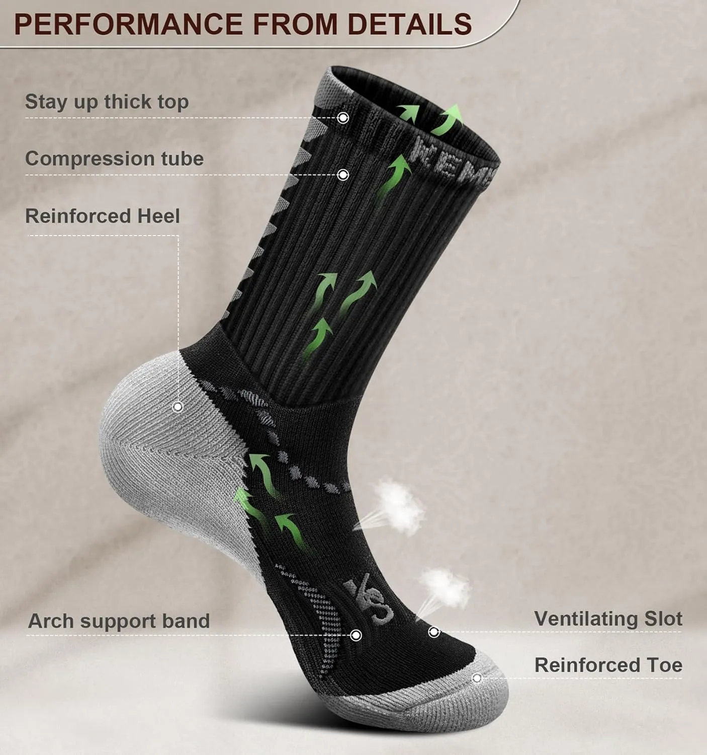 KEMISANT Men Socks, Athletic Running Socks Compression Wicking For Men Sports Hiking Fishing Cushioned Sole Arch Support