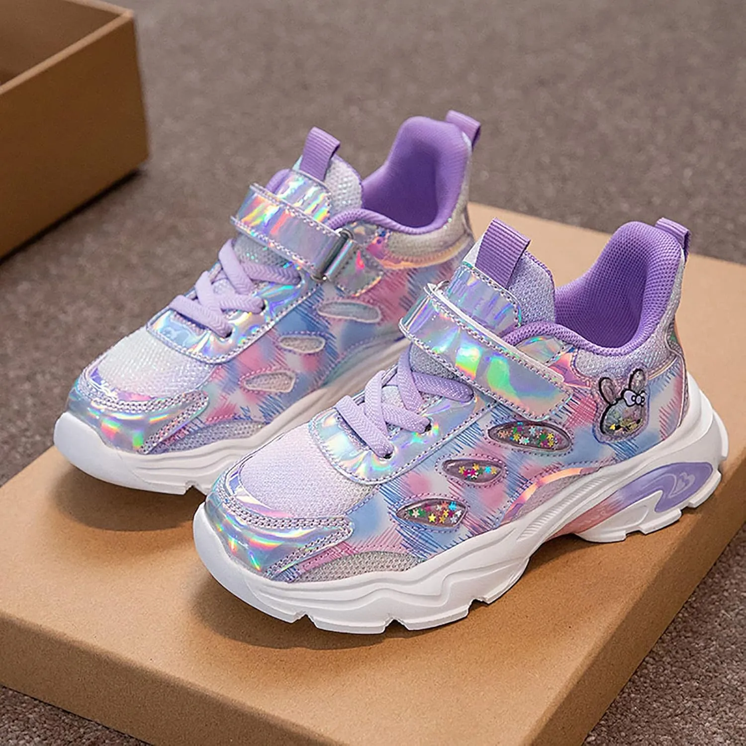 Kids Sparkly Glitter Lace-up Athletic Running Sneakers Cute artoon Bunny Girls Toddler Girl Slip on Sneaker