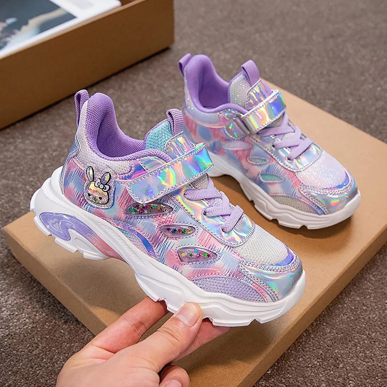 Kids Sparkly Glitter Lace-up Athletic Running Sneakers Cute artoon Bunny Girls Toddler Girl Slip on Sneaker