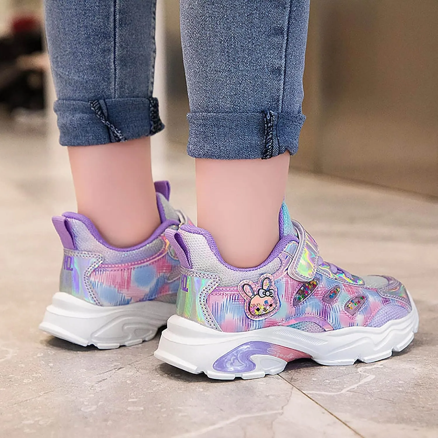 Kids Sparkly Glitter Lace-up Athletic Running Sneakers Cute artoon Bunny Girls Toddler Girl Slip on Sneaker