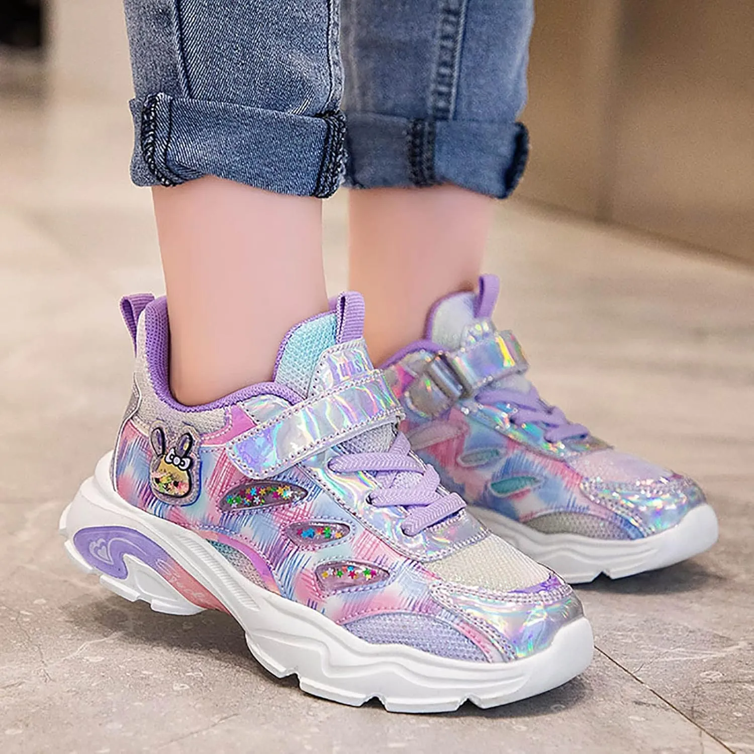 Kids Sparkly Glitter Lace-up Athletic Running Sneakers Cute artoon Bunny Girls Toddler Girl Slip on Sneaker