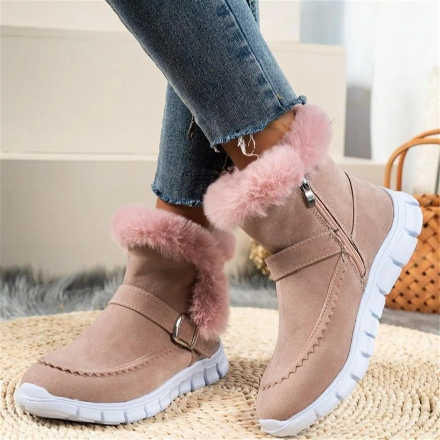 Ladmiple Booties For Women 2024 Snow Boots Winter Warm Fur Lined Anti-Slip Ankle Booties Outdoor Slip On Warm Loafers Shoes
