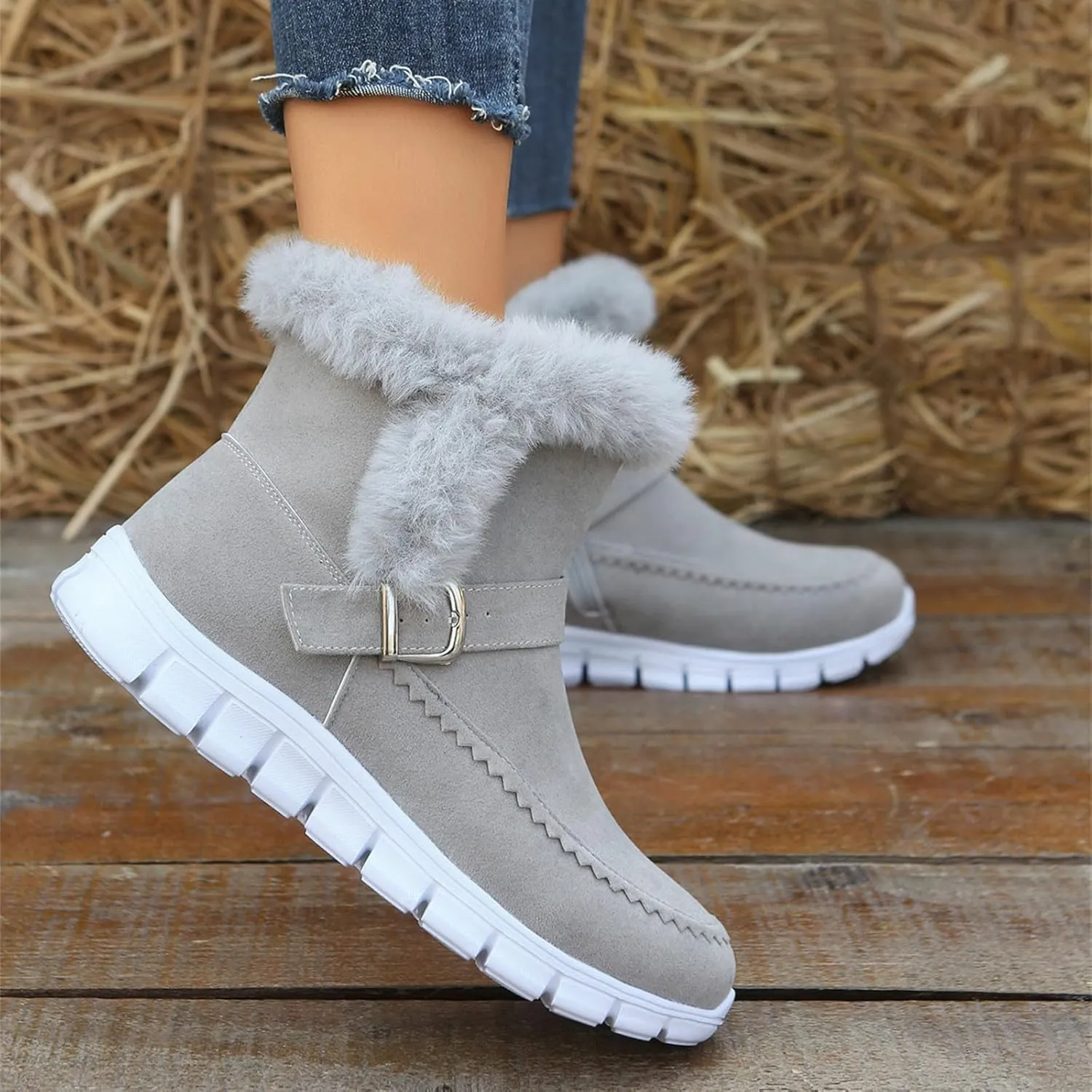 Ladmiple Booties For Women 2024 Snow Boots Winter Warm Fur Lined Anti-Slip Ankle Booties Outdoor Slip On Warm Loafers Shoes