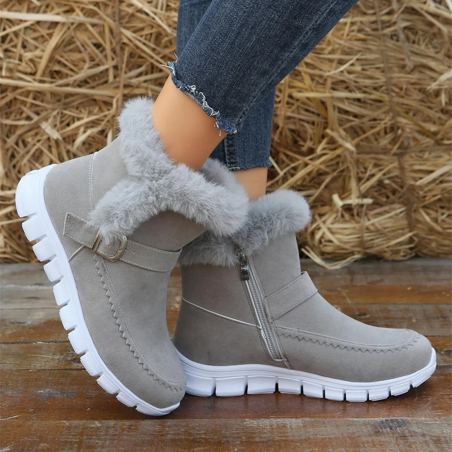 Ladmiple Booties For Women 2024 Snow Boots Winter Warm Fur Lined Anti-Slip Ankle Booties Outdoor Slip On Warm Loafers Shoes